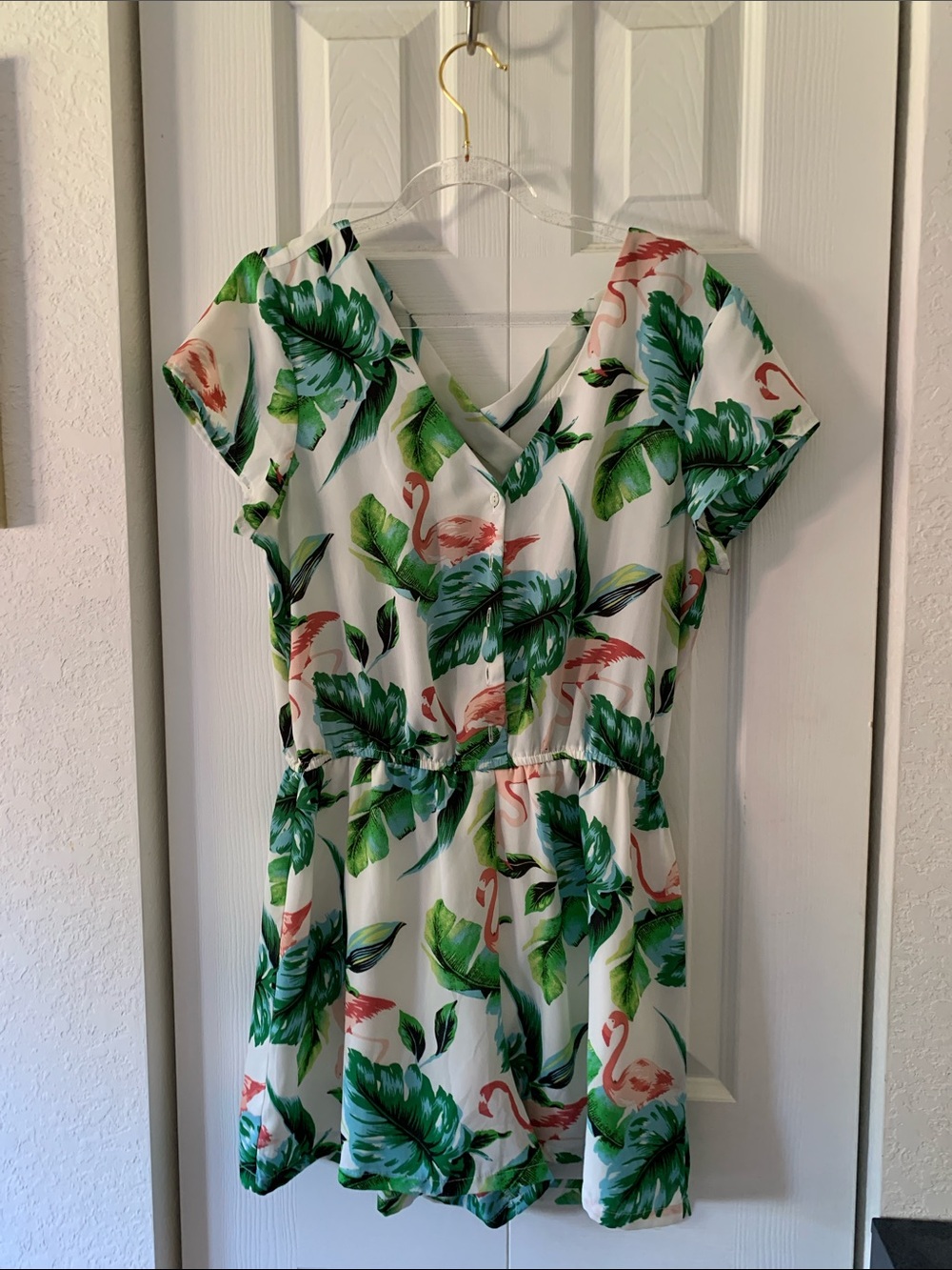 As U Wish White Tropical Flamingo Romper - Green/Pink Size Medium